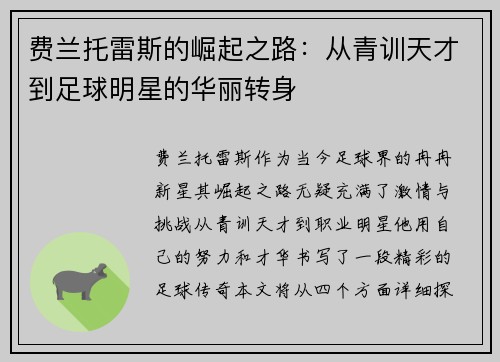 费兰托雷斯的崛起之路：从青训天才到足球明星的华丽转身